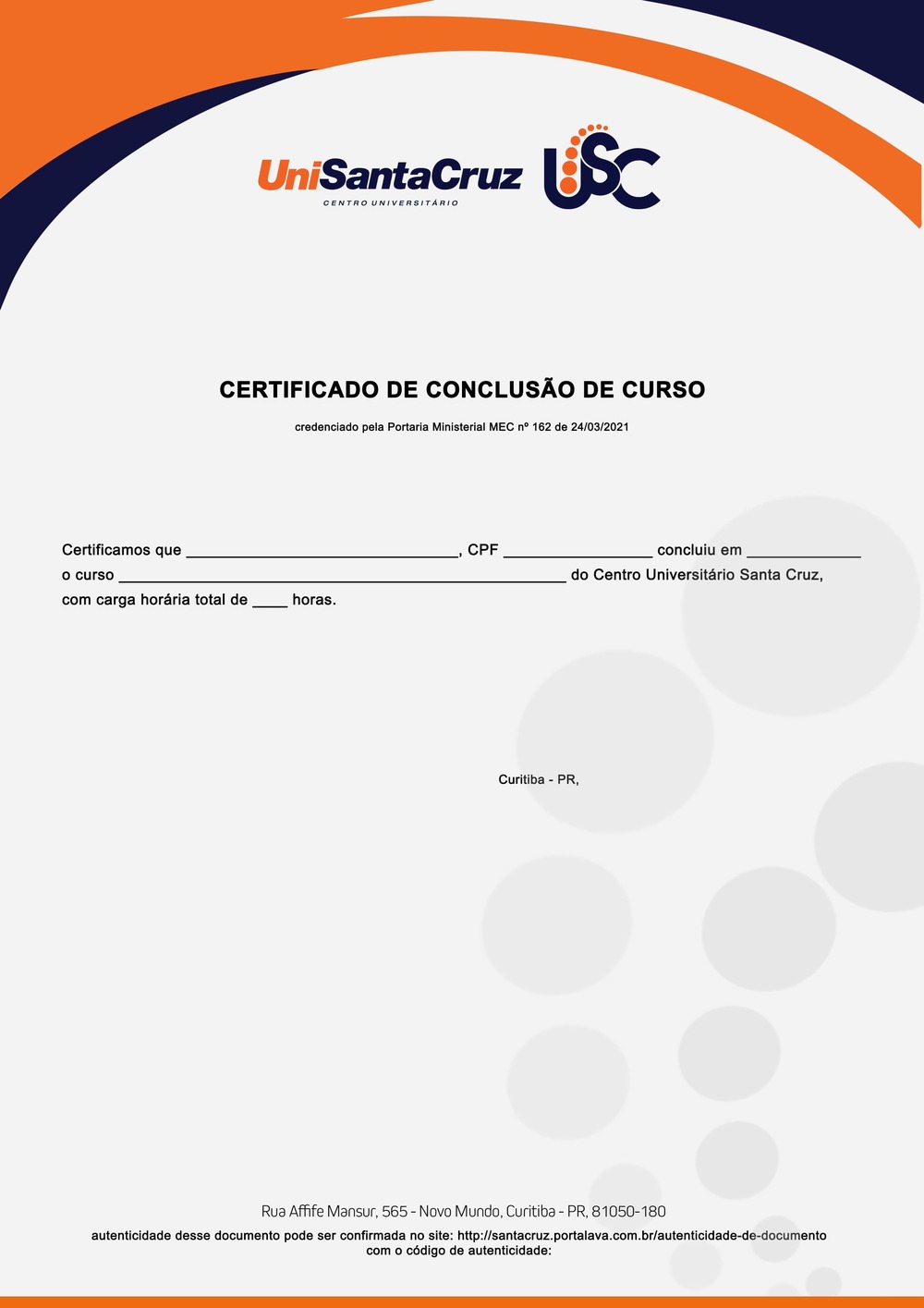 Modelo certificado curso de extensão EAD Santa Cruz